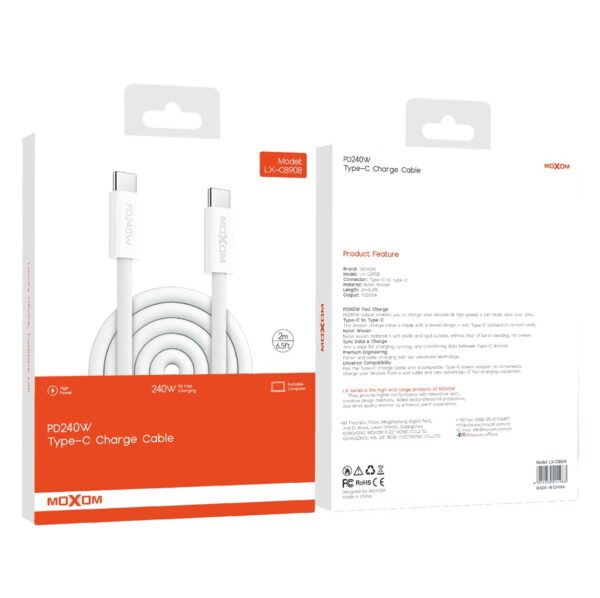 Cable Datos Moxom CB908 240W 2 metro Tipo C a Tipo C Carga Rápida