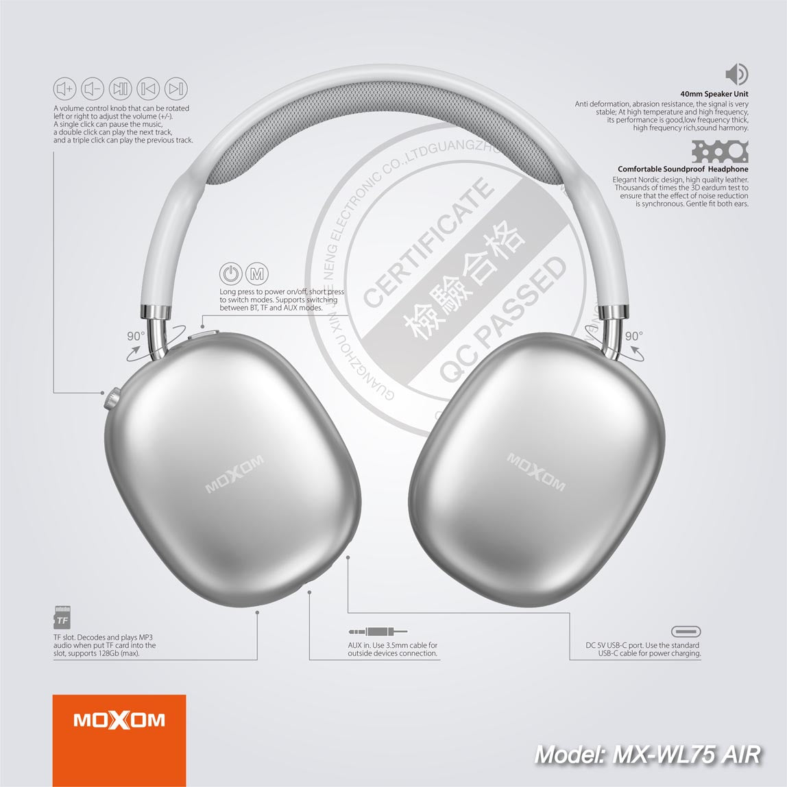 Audífonos Moxom WL75AIR Bluetooth 45 hrs.