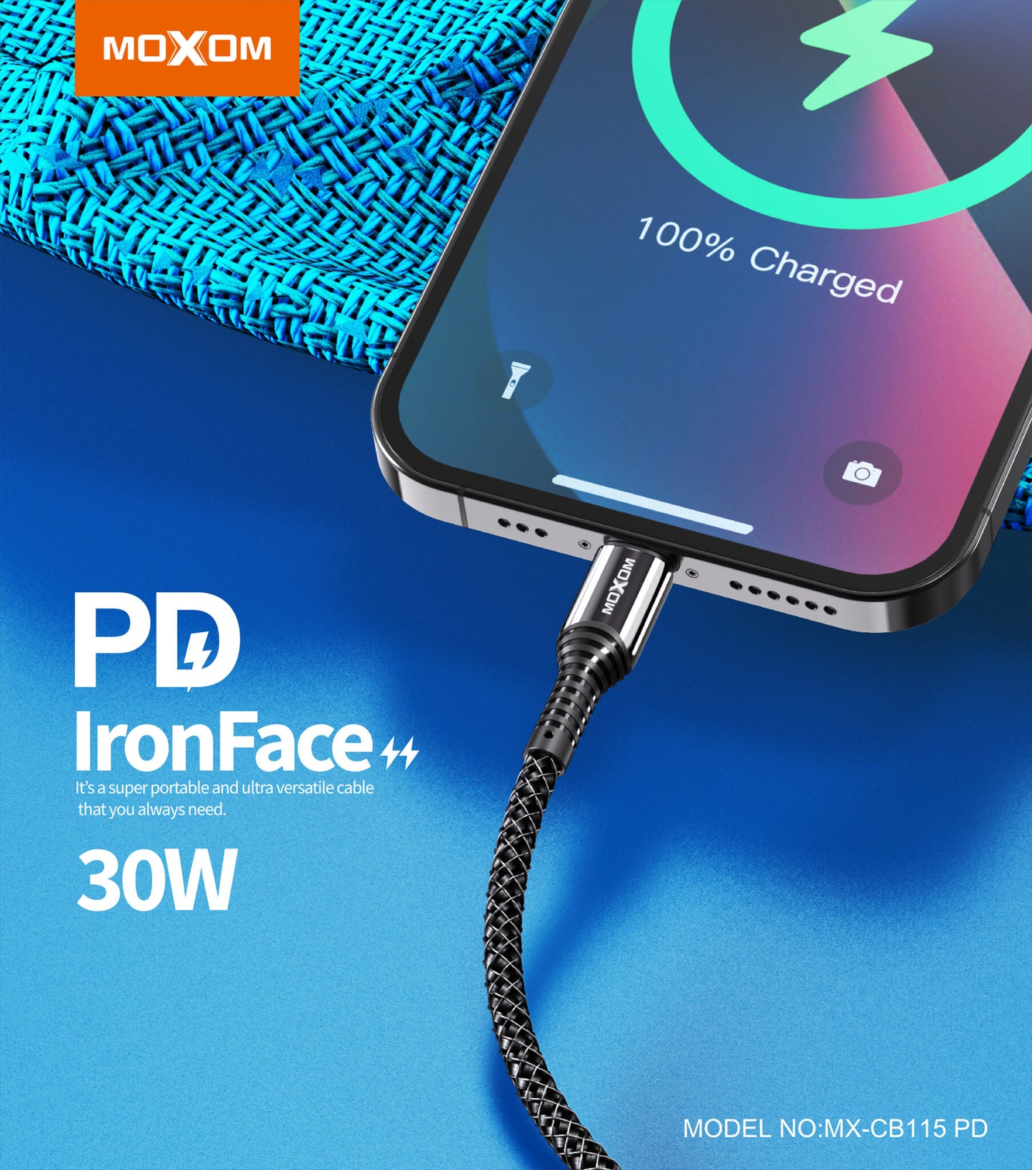 Cable datos Moxom CB115 30W PD Iron Face Tipo C a Lightning
