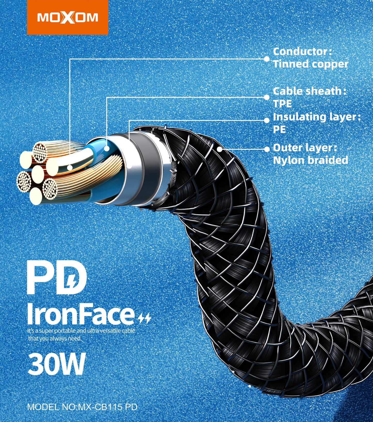 Cable datos Moxom CB115 30W PD Iron Face Tipo C a Lightning
