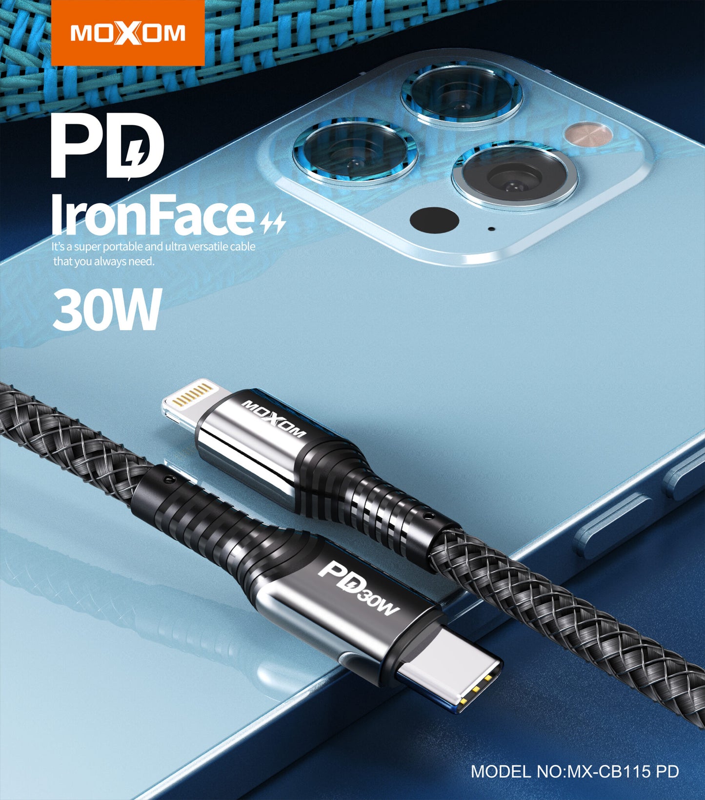 Cable datos Moxom CB115 30W PD Iron Face Tipo C a Lightning