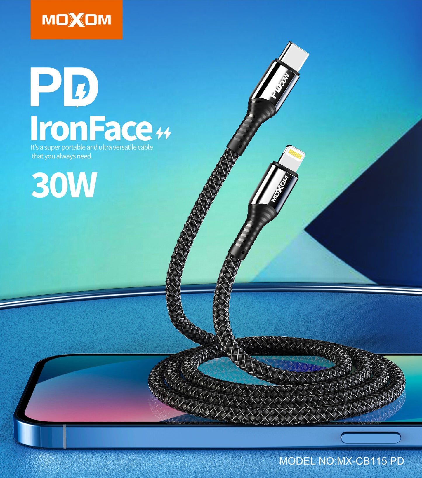 Cable datos Moxom CB115 30W PD Iron Face Tipo C a Lightning