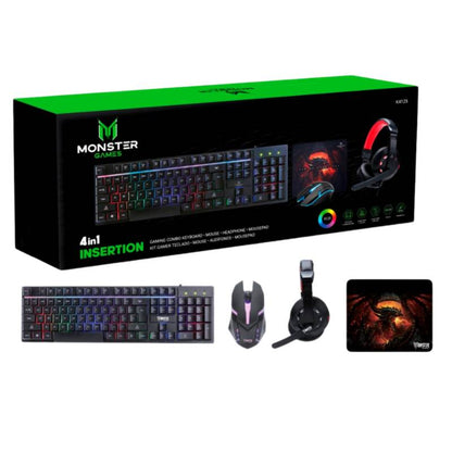 Kit 4 En 1  Monster Rgb Insertion K4125 Teclado Y Mouse
