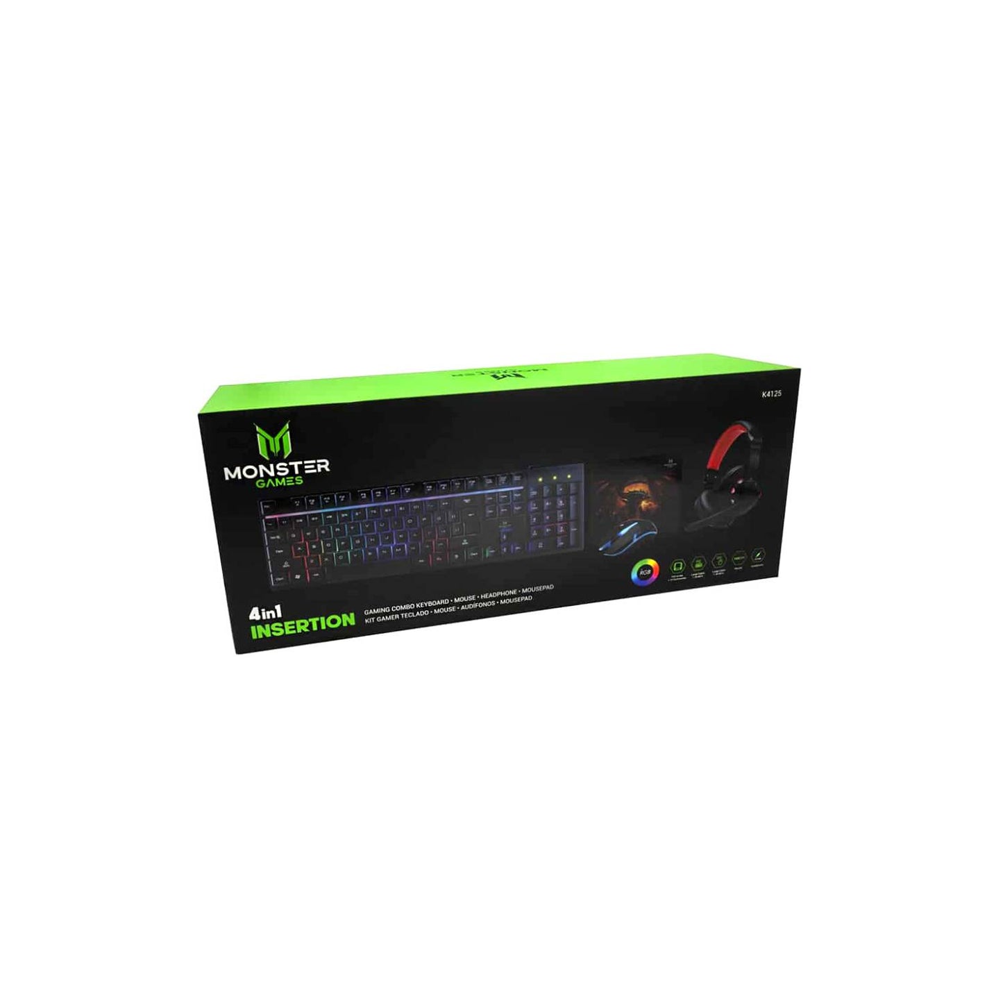 Kit 4 En 1  Monster Rgb Insertion K4125 Teclado Y Mouse