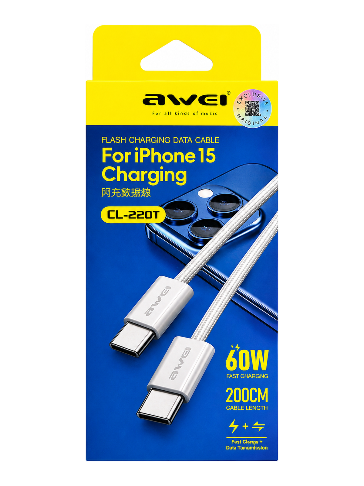 Cable AWEI CL-220T USB-C a USB-C 60W – 2 Metros