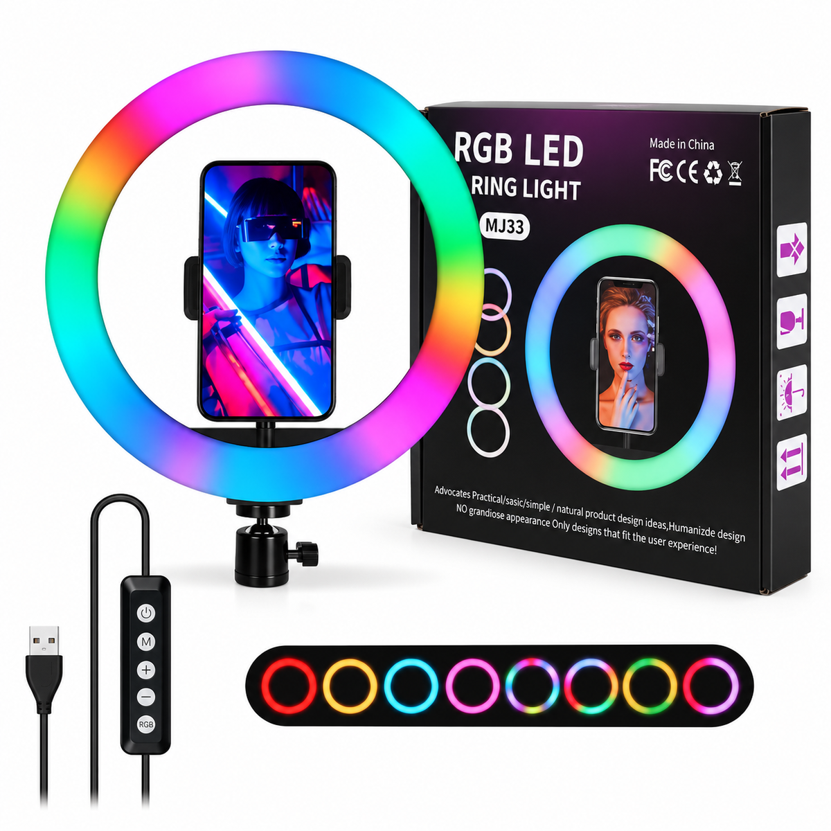 Aro de luz LED RGB MJ-26 de 26 cm con trípode y soporte para celular
