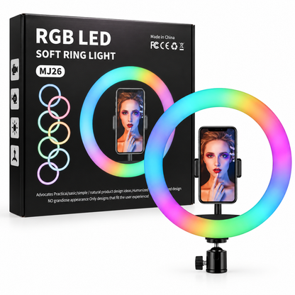 Aro de luz LED RGB MJ-26 de 26 cm con trípode y soporte para celular