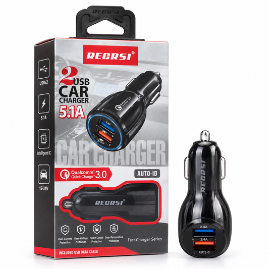 Cargador Auto Recrsi CAR-10 QC3.0 Doble USB 5.1A