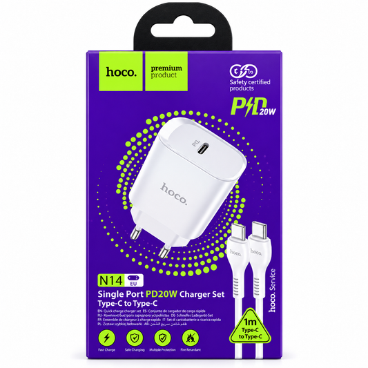 Cargador Hoco N14 20W USB-C PD con Cable USB-C