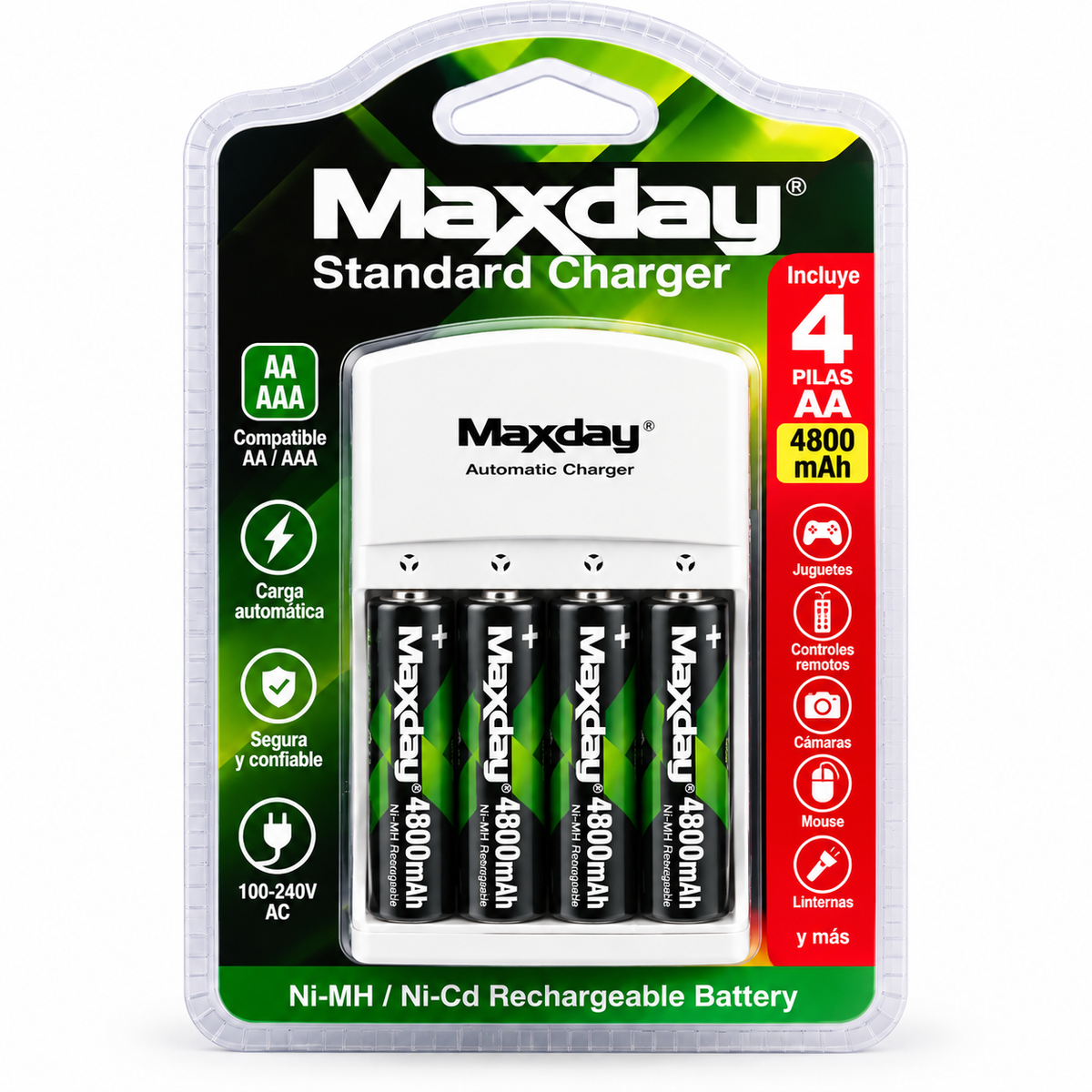 Cargador de Pilas AA AAA Maxday MD801B + 4 Pilas Recargables AA 4800mAh