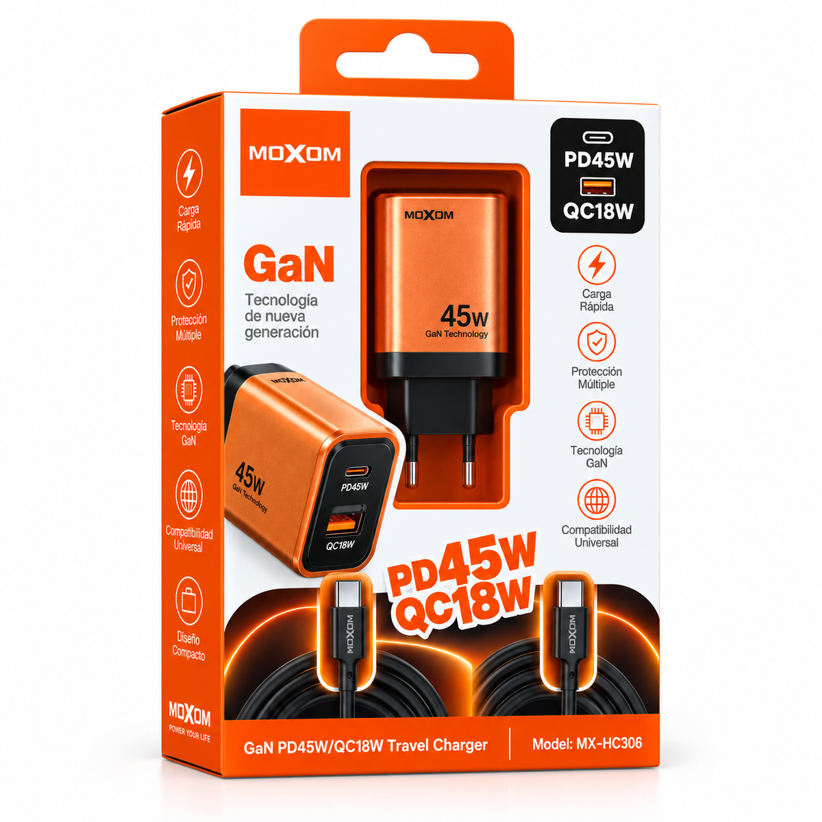 Cargador Moxom MX-HC305 GaN 45W USB-C PD y QC18W