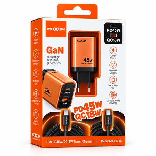 Cargador Moxom MX-HC305 GaN 45W USB-C PD y QC18W