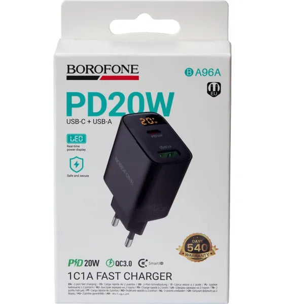 Cargador Borofone BA96A 20W USB-C y USB-A con Indicador Digital