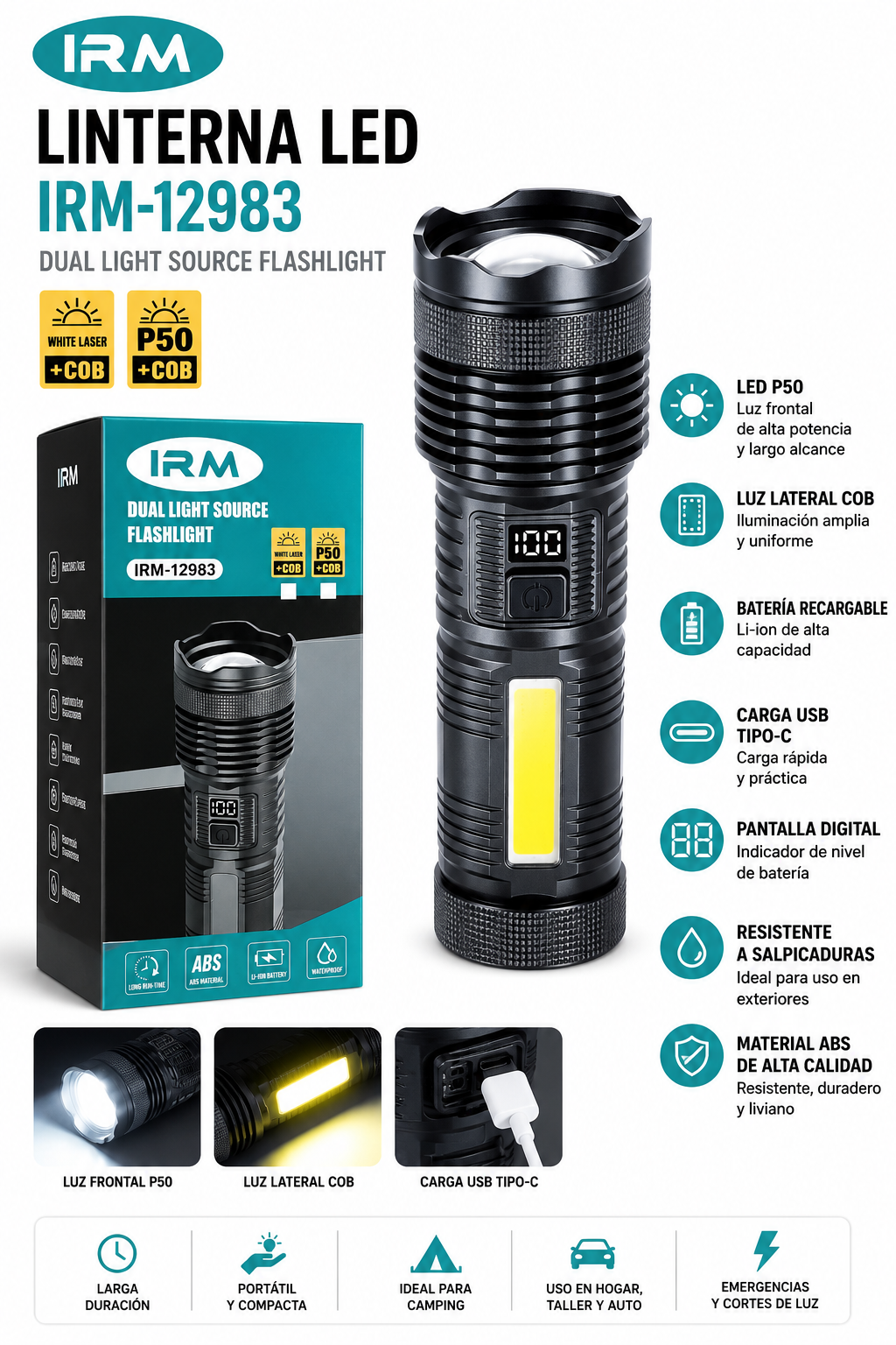 Linterna LED Recargable IRM-12983 P50 + COB con Pantalla Digital