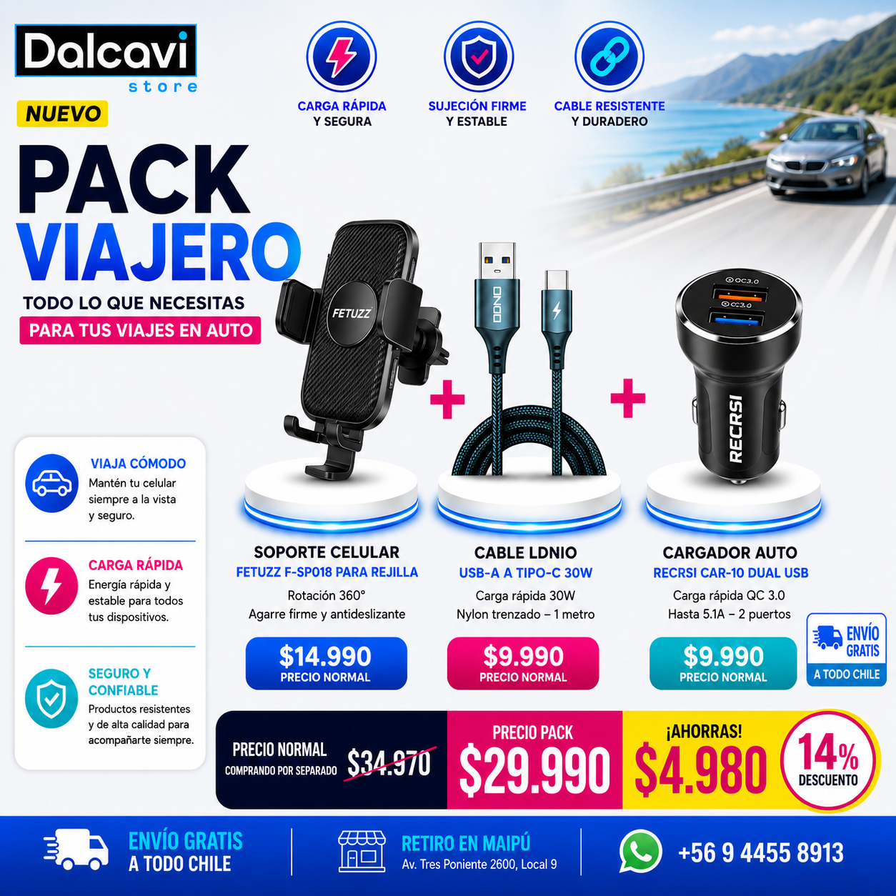 Pack Viajero para Auto: soporte + cable + cargador