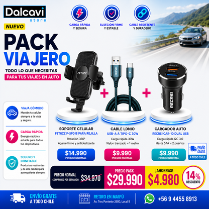 Pack Viajero para Auto: soporte + cable + cargador