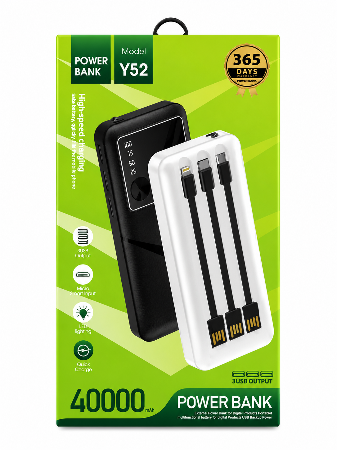 Power Bank Y52 40.000 mAh con 3 Cables Integrados y 3 Puertos USB - Negro