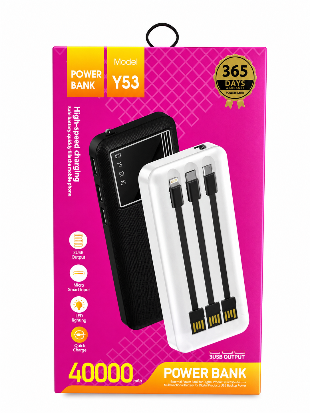 Power Bank Y53 40.000 mAh con 3 Cables Integrados y 3 Puertos USB