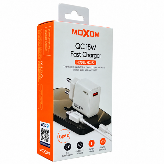 Cargador Moxom HC132 18W Carga Rápida con Cable Tipo C