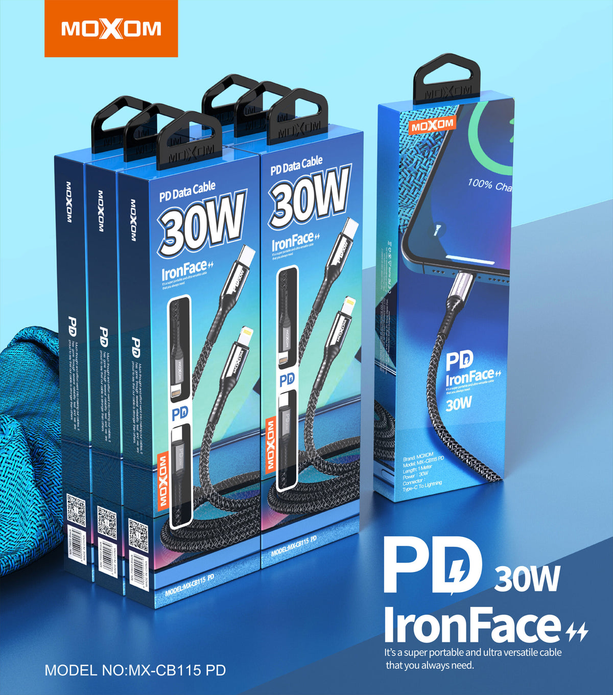 Cable datos Moxom CB115 30W PD Iron Face Tipo C a Lightning