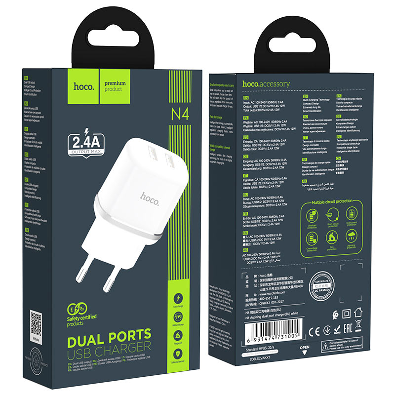 Cargador Hoco N4 2.4A  2 USB con Cable USB a Lightning