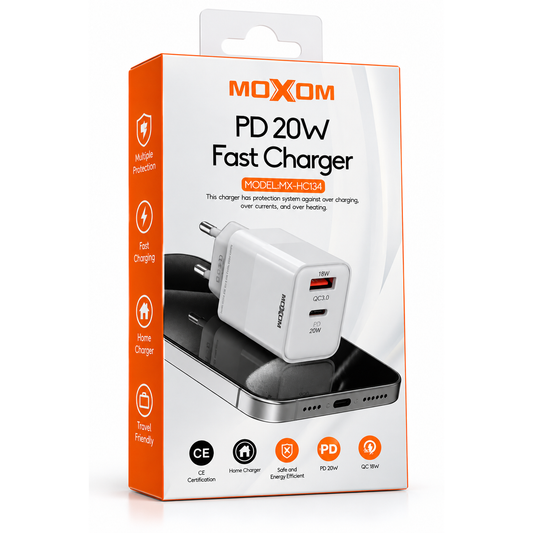 Cargador Moxom HC134 20W USB-C + USB-A – Carga dos dispositivos a la vez