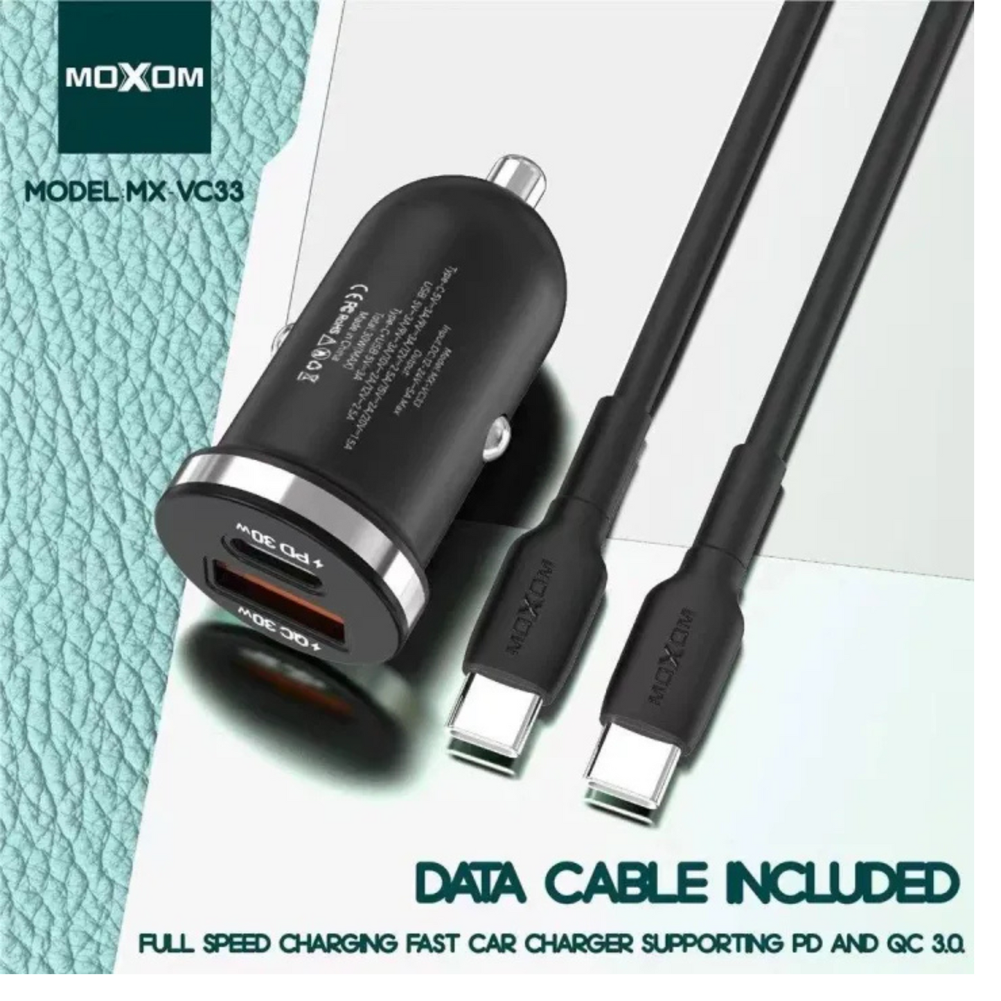 Cargador Automovil MOXOM VC33 30W Carga Rapida Con Cable Tipo C a Tipo C